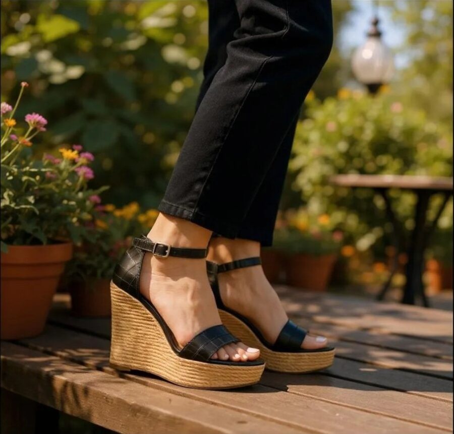 Chaussures Femme, Mules à talon compassé, lanières en simili cuir, noir
