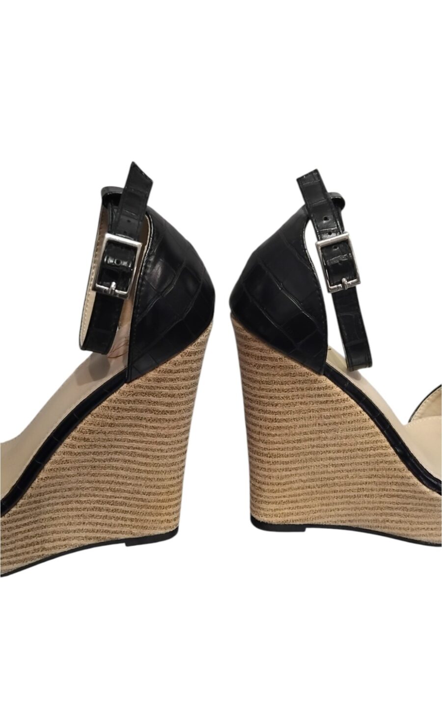 Chaussures Femme, Mules à talon compassé, lanières en simili cuir, noir