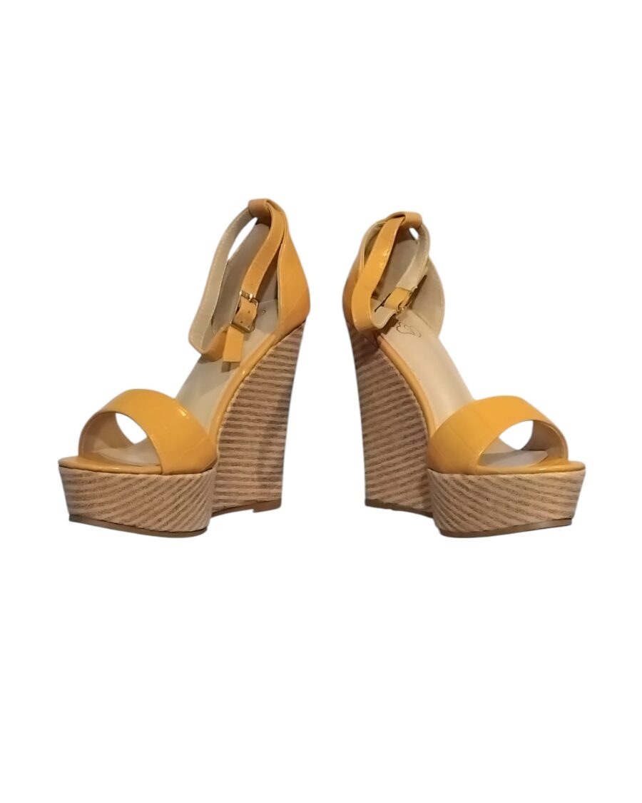 Chaussures Femme, Mules à talon compassé, lanières en simili cuir, jaune