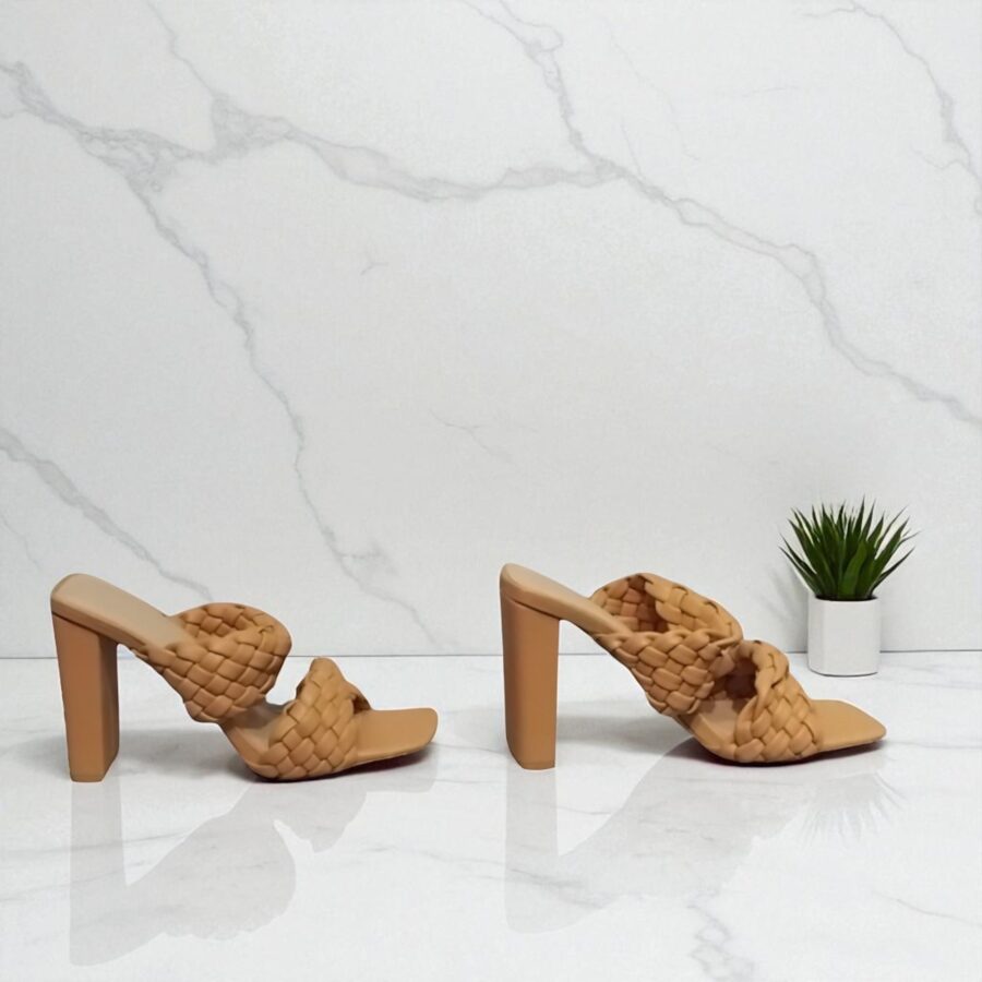 Chaussures Femme, mules Femme, talon haut, lanière tressée, beige