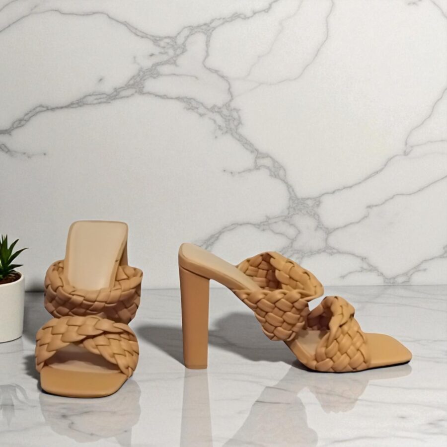 Chaussures Femme, mules Femme, talon haut, lanière tressée, beige
