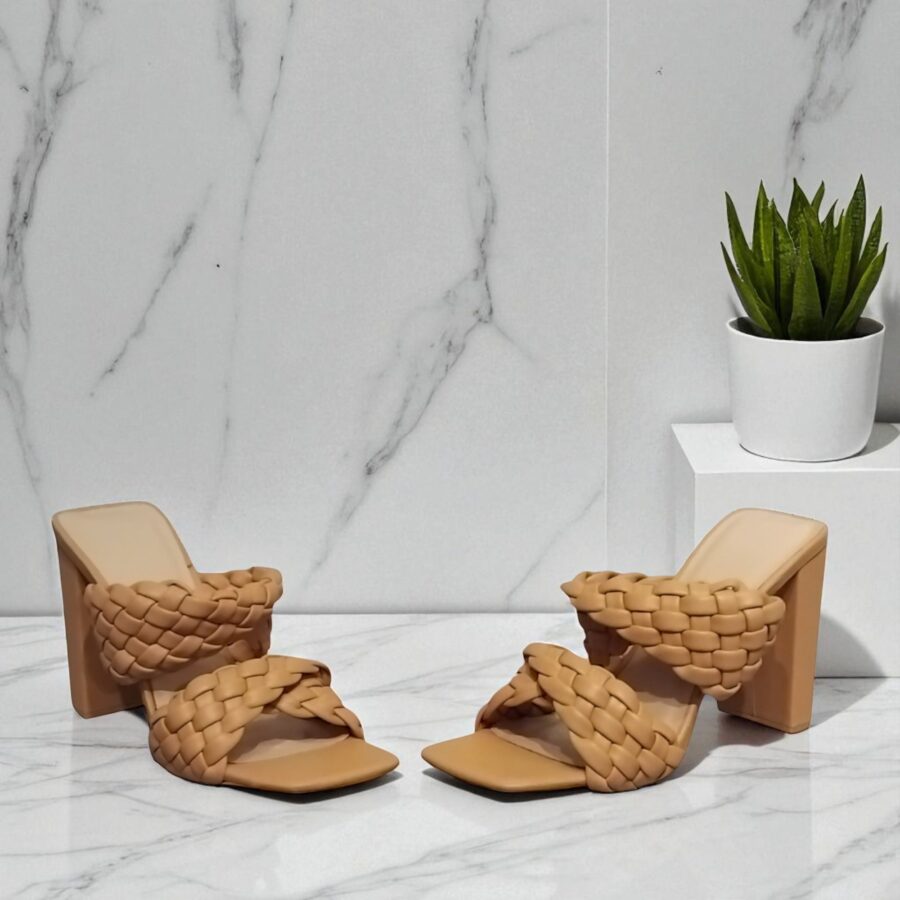 Chaussures Femme, mules Femme, talon haut, lanière tressée, beige
