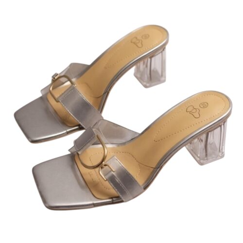Chaussures Femme, mules Femme, lanière en plexi, talon transparent, gris