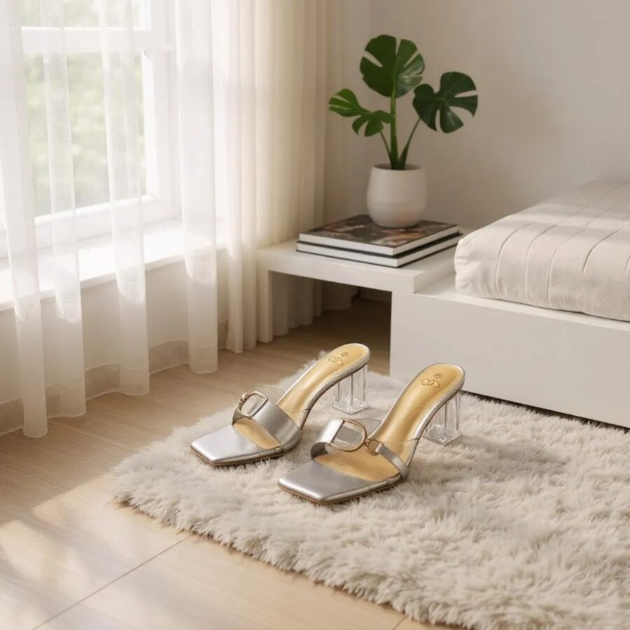 Chaussures Femme, mules Femme, lanière en plexi, talon transparent, gris