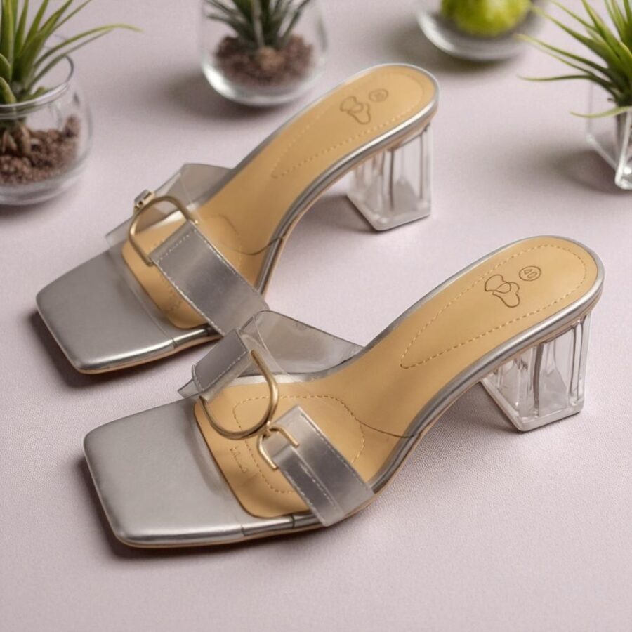 Chaussures Femme, mules Femme, lanière en plexi, talon transparent, gris