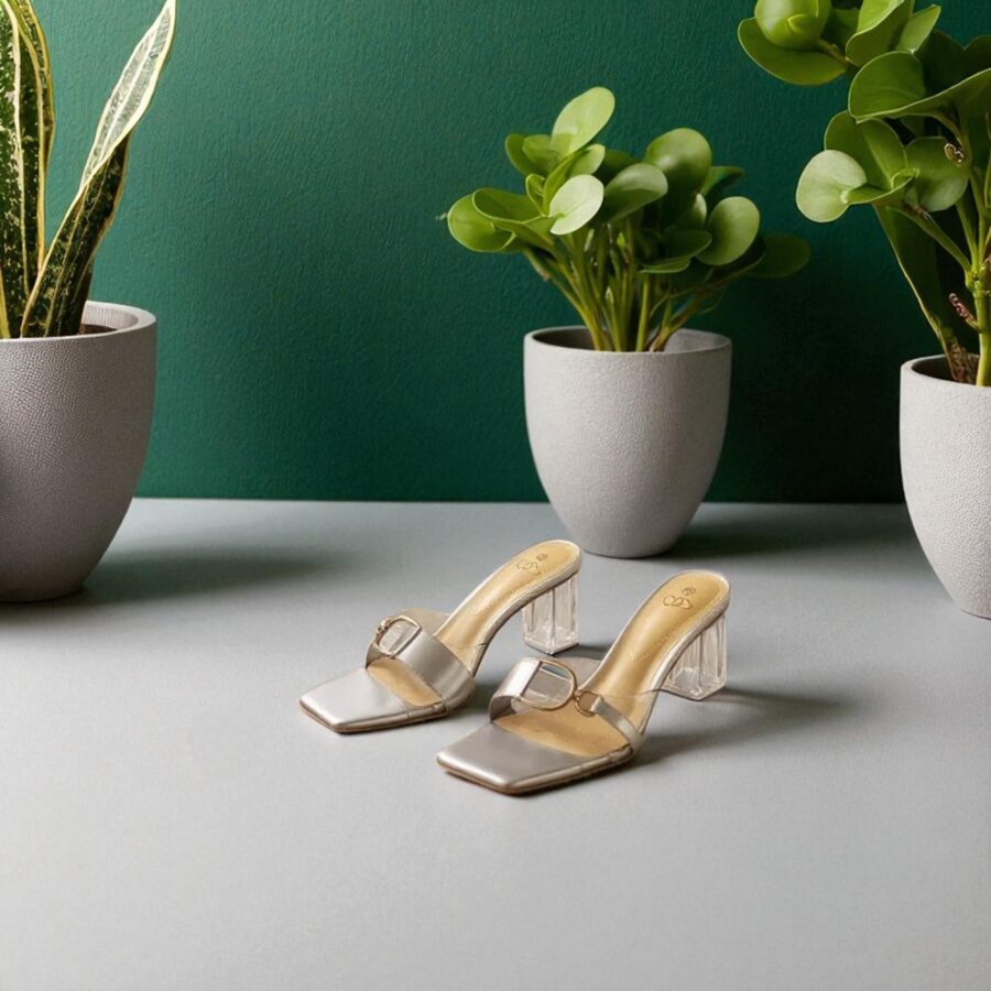 Chaussures Femme, mules Femme, lanière en plexi, talon transparent, gris