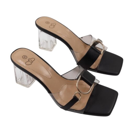 Chaussures Femme, mules Femme, lanière en plexi, talon transparent, noir