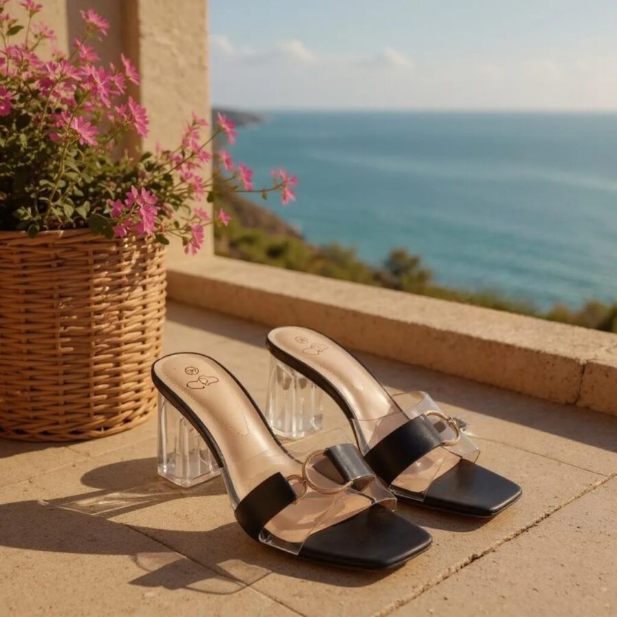 Chaussures Femme, mules Femme, lanière en plexi, talon transparent, noir