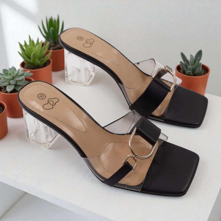 Chaussures Femme, mules Femme, lanière en plexi, talon transparent, noir