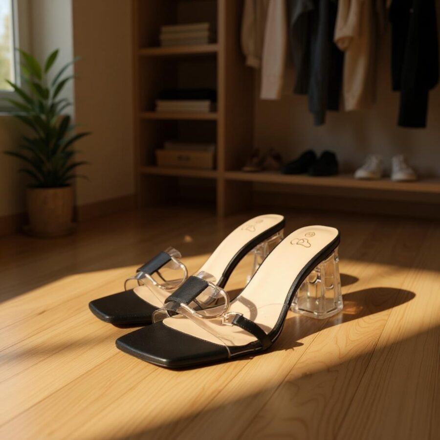 Chaussures Femme, mules Femme, lanière en plexi, talon transparent, noir