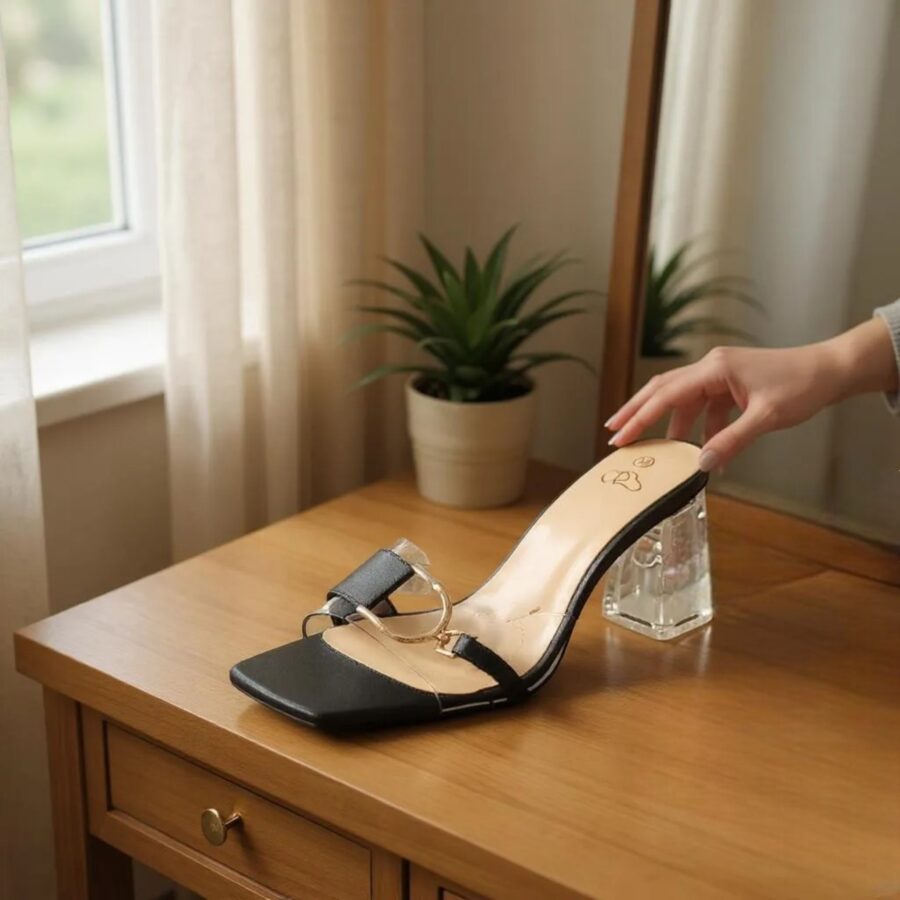 Chaussures Femme, mules Femme, lanière en plexi, talon transparent, noir