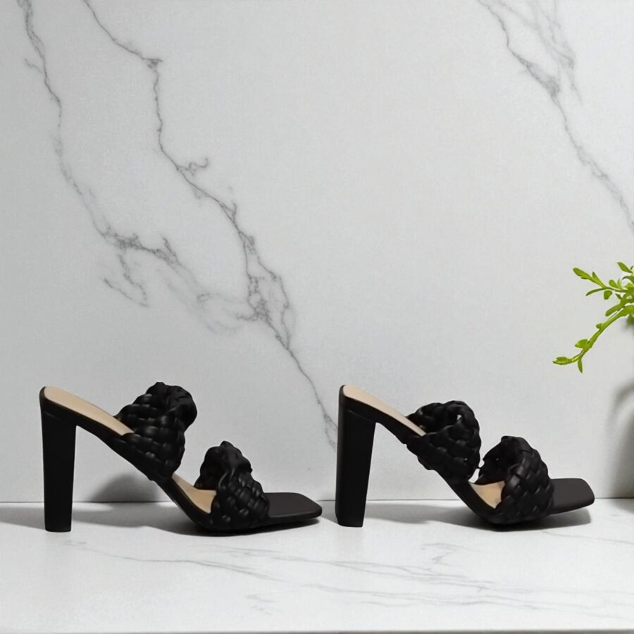 Chaussures Femme, mules Femme, talon haut, lanière tressée, noir