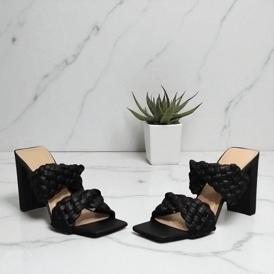 Chaussures Femme, mules Femme, talon haut, lanière tressée, noir