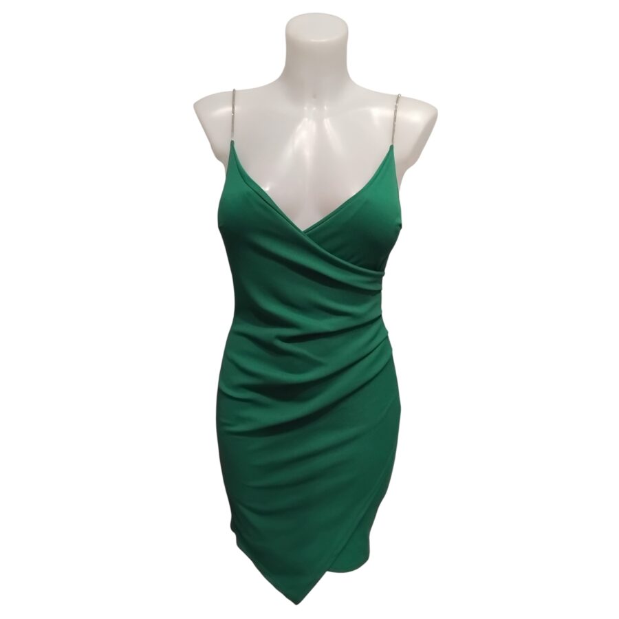Robe de soirée, robe cache coeur, bretelles en strass, poitrine rembourrée, vert