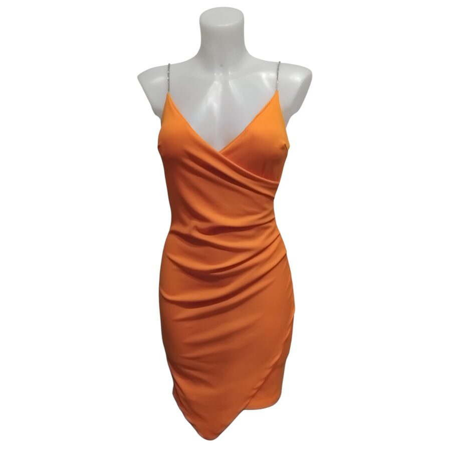 Robe de soirée, robe cache coeur, bretelles en strass, poitrine rembourrée, orange