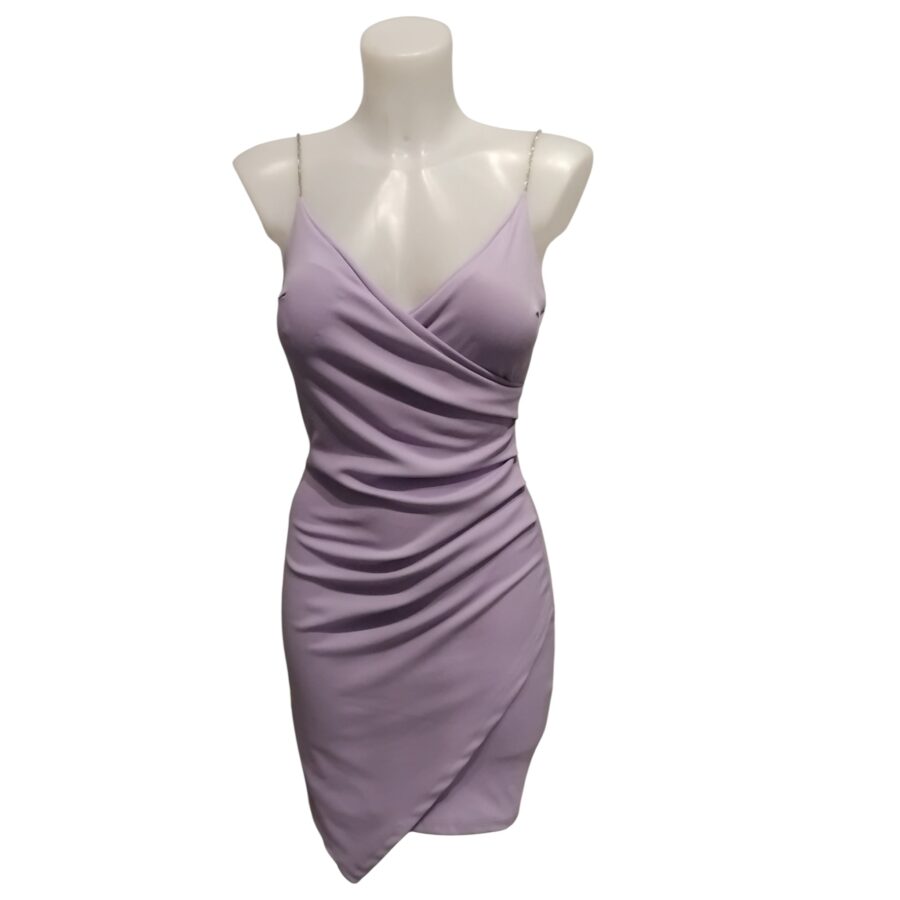 Robe de soirée, robe cache coeur, bretelles en strass, poitrine rembourrée, mauve lilas