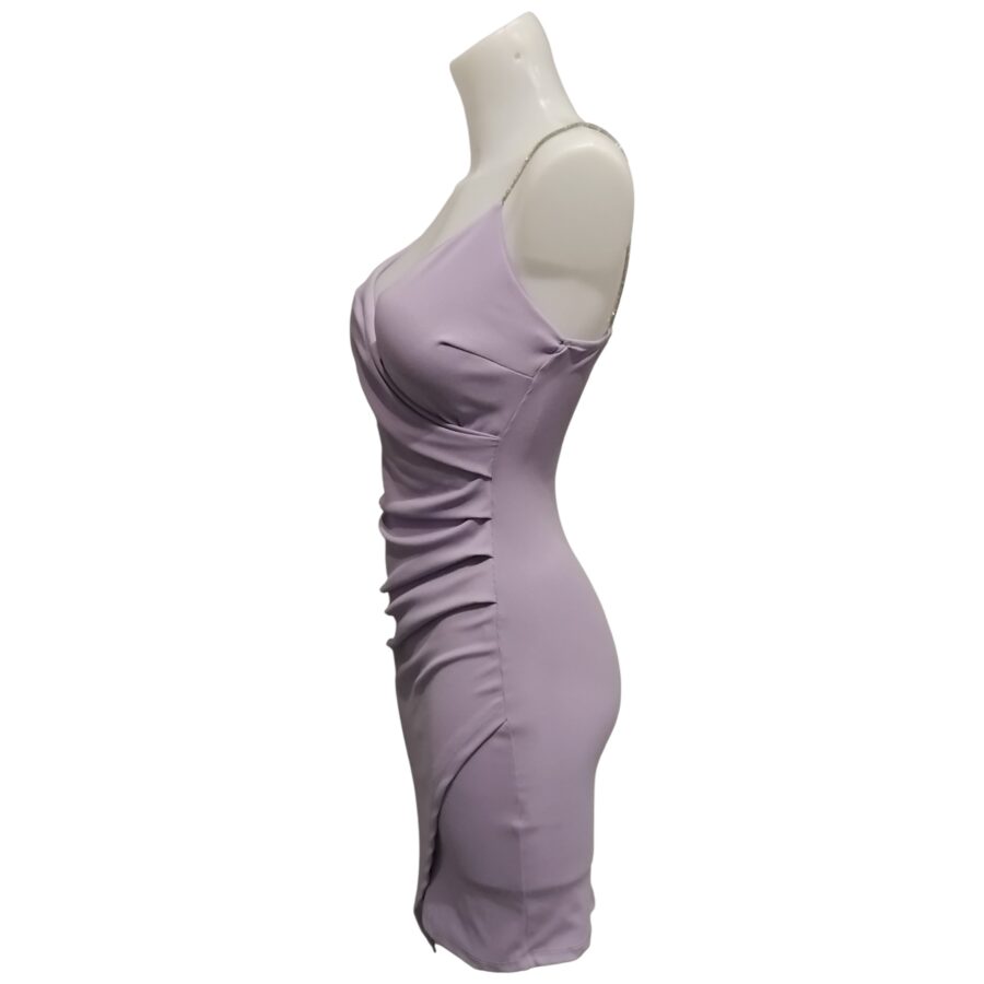 Robe de soirée, robe cache coeur, bretelles en strass, poitrine rembourrée, mauve lilas