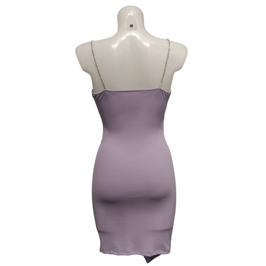 Robe de soirée, robe cache coeur, bretelles en strass, poitrine rembourrée, mauve lilas