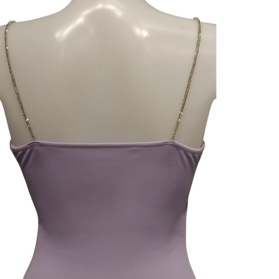 Robe de soirée, robe cache coeur, bretelles en strass, poitrine rembourrée, mauve lilas