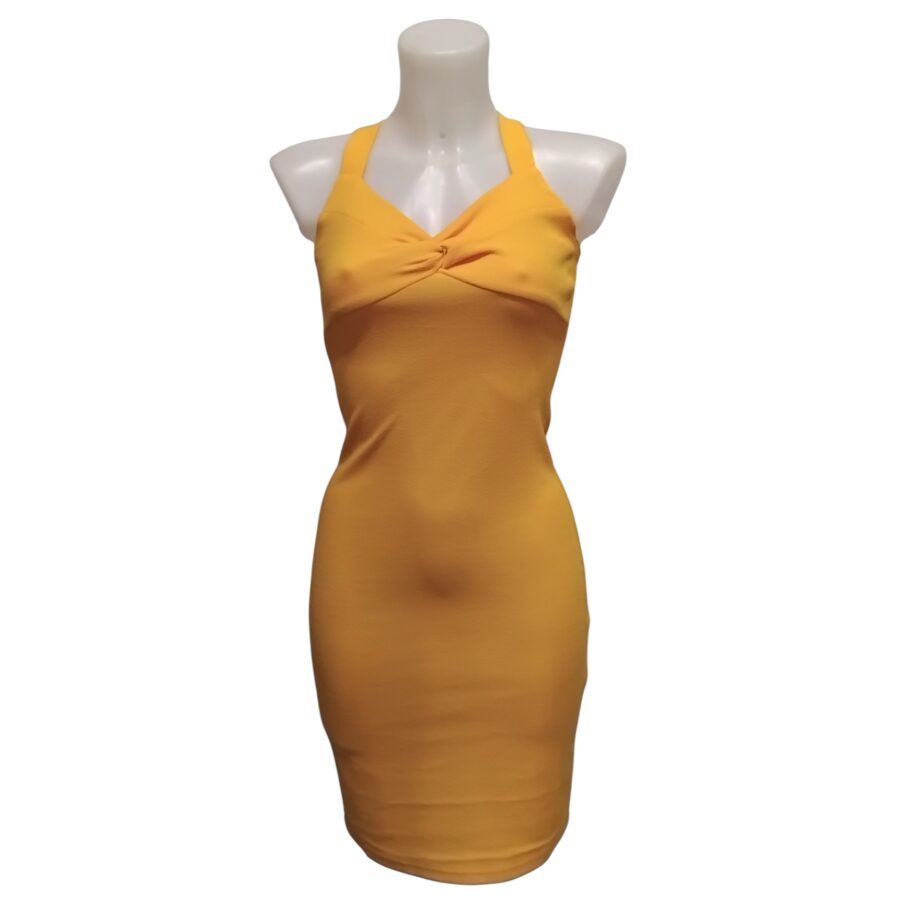 Robe de soirée, robe moulante, dos nu, sans manches, jaune moutard