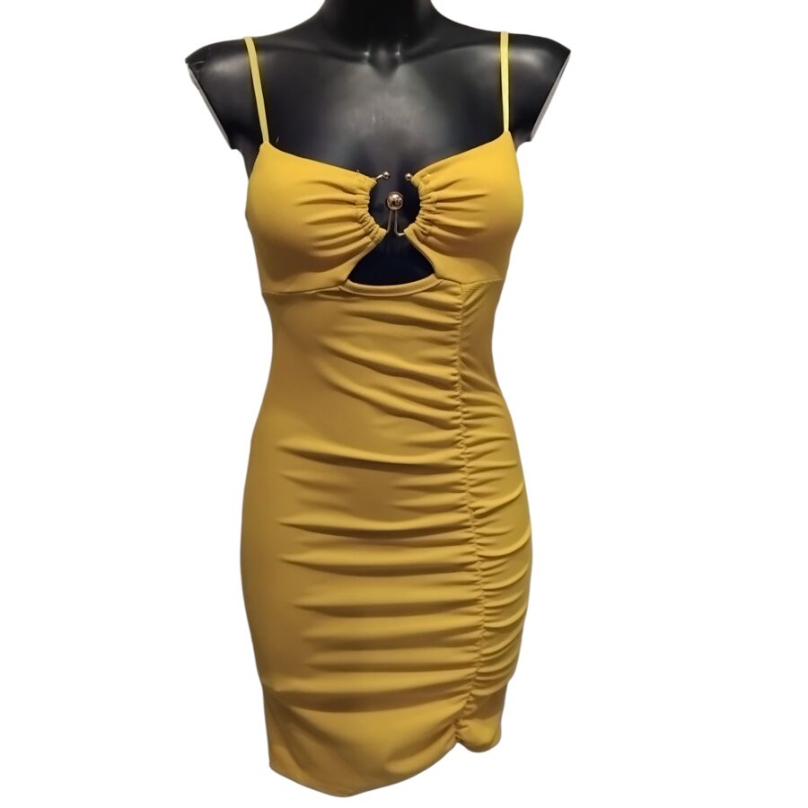 Robe de soirée, robe courte, robe sexy, bijou poitrine, poitrine rembourrée, jaune moutarde