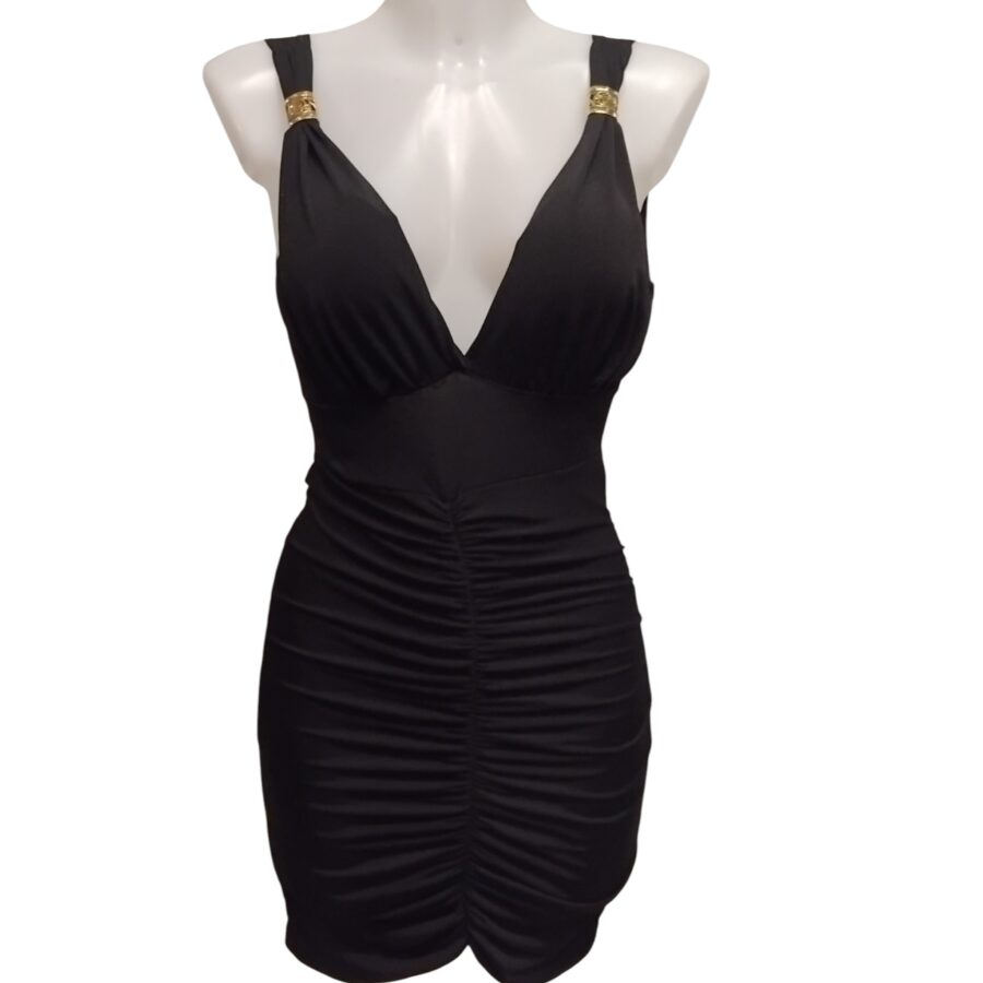 Robe de soirée, robe courte, sexy, décolleté plongeant, bijoux aux bretelles, noir