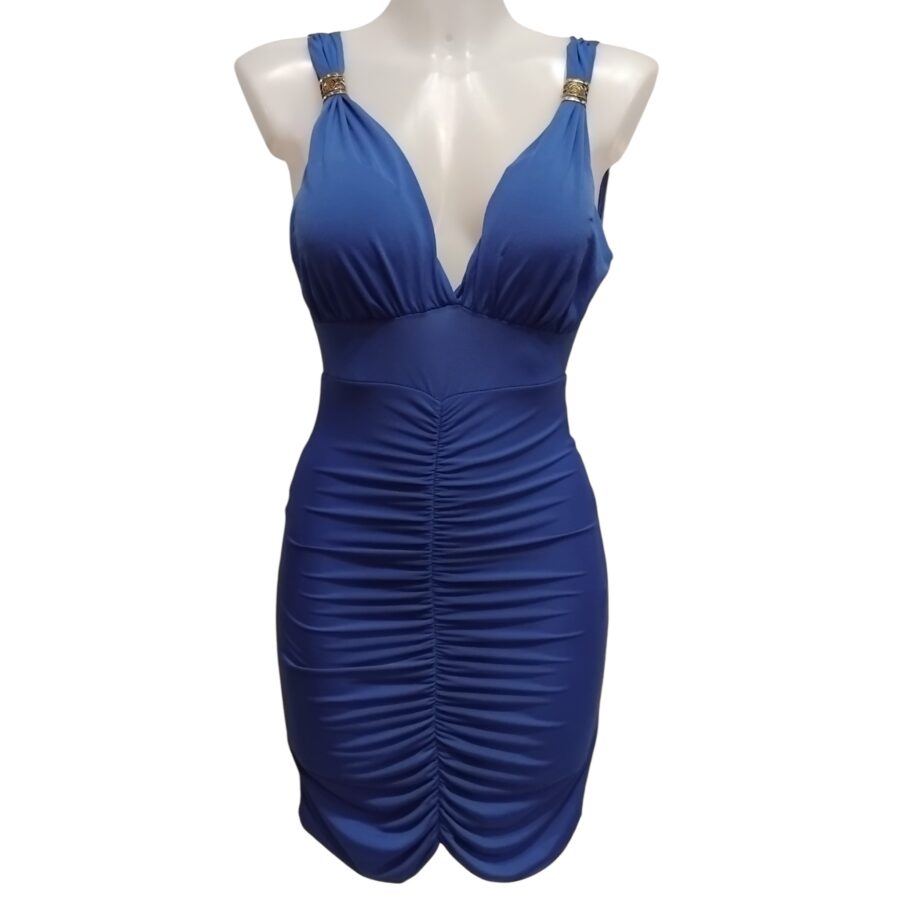 Robe de soirée, robe courte, sexy, décolleté plongeant, bijoux aux bretelles, bleu