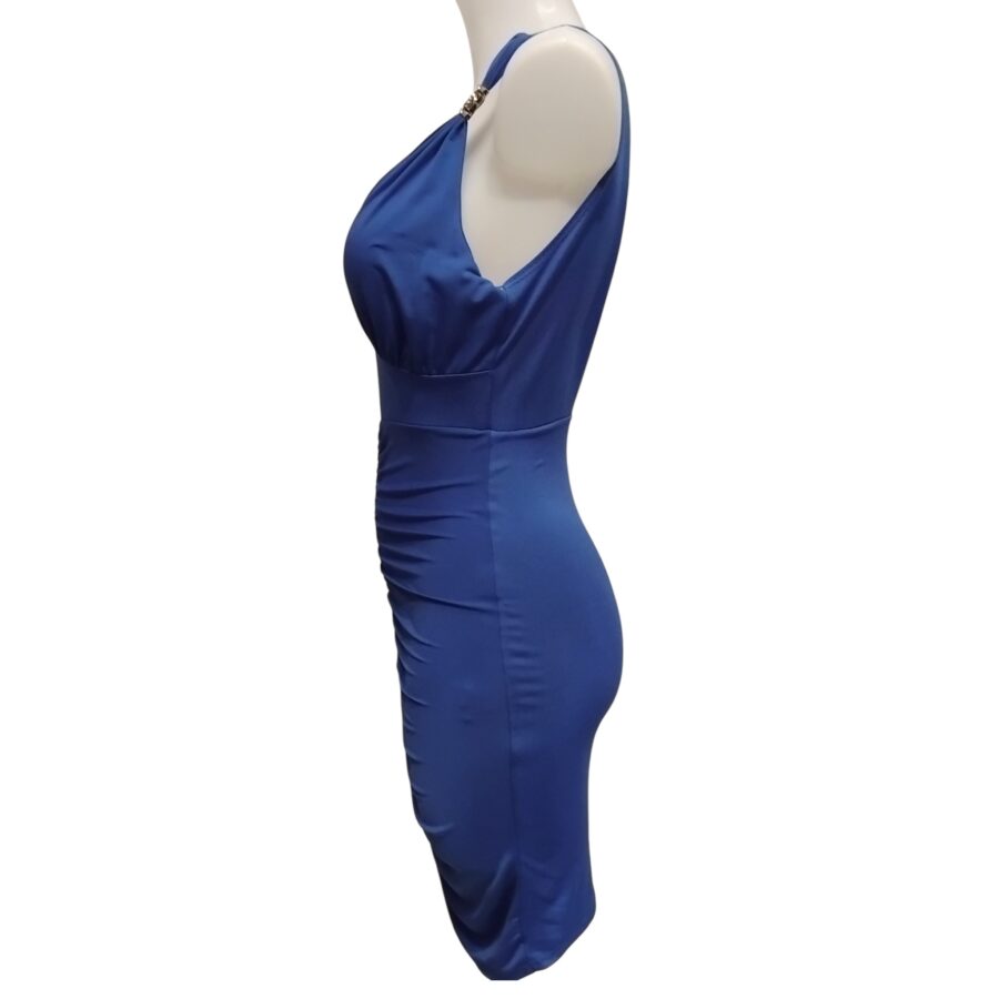 Robe de soirée, robe courte, sexy, décolleté plongeant, bijoux aux bretelles, bleu