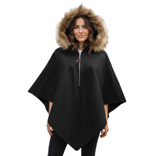 Poncho pour femme, capuche en fourrure, ample, noir
