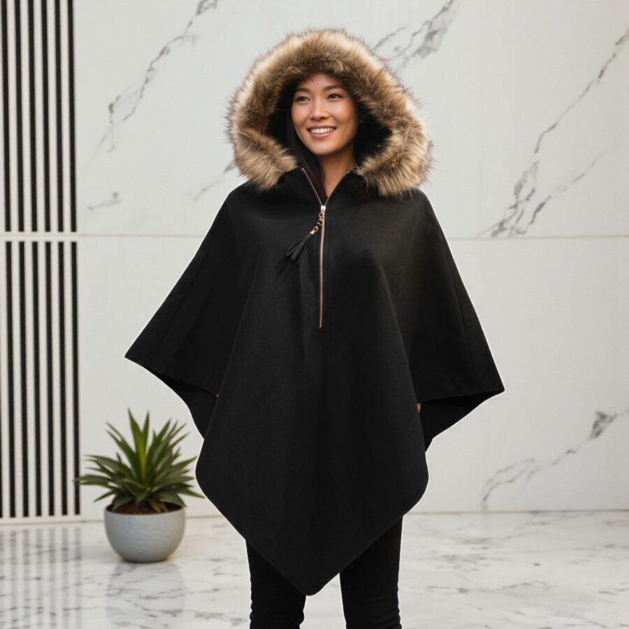 Poncho pour femme, capuche en fourrure, ample, noir