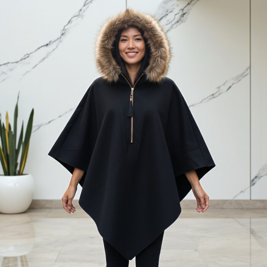 Poncho pour femme, capuche en fourrure, ample, noir