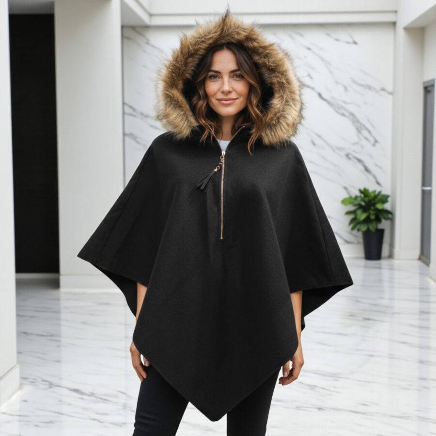 Poncho pour femme, capuche en fourrure, ample, noir