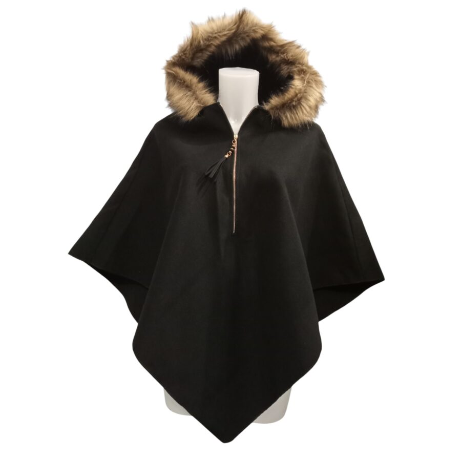 Poncho pour femme, capuche en fourrure, ample, noir