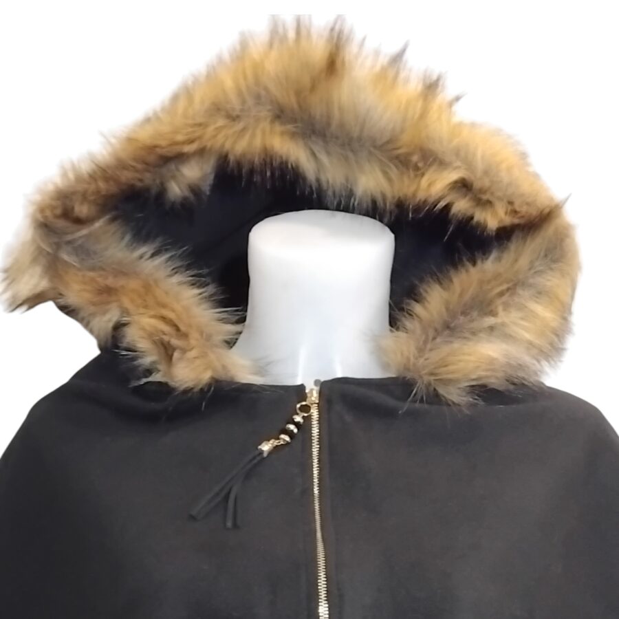 Poncho pour femme, capuche en fourrure, ample, noir