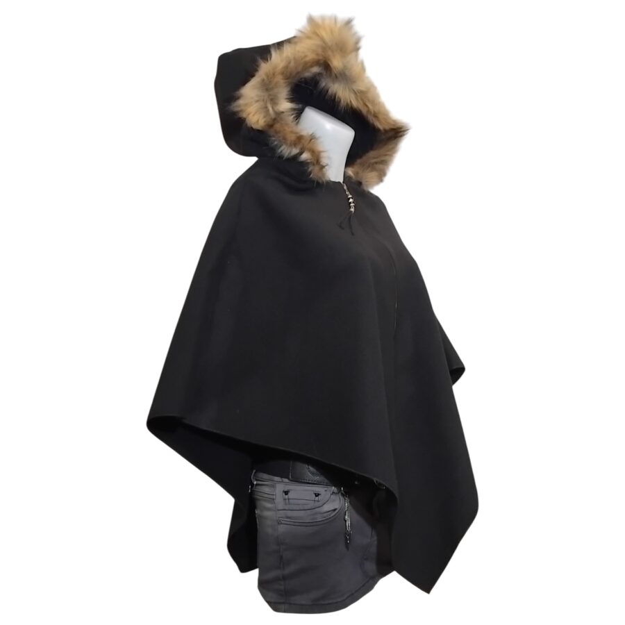 Poncho pour femme, capuche en fourrure, ample, noir