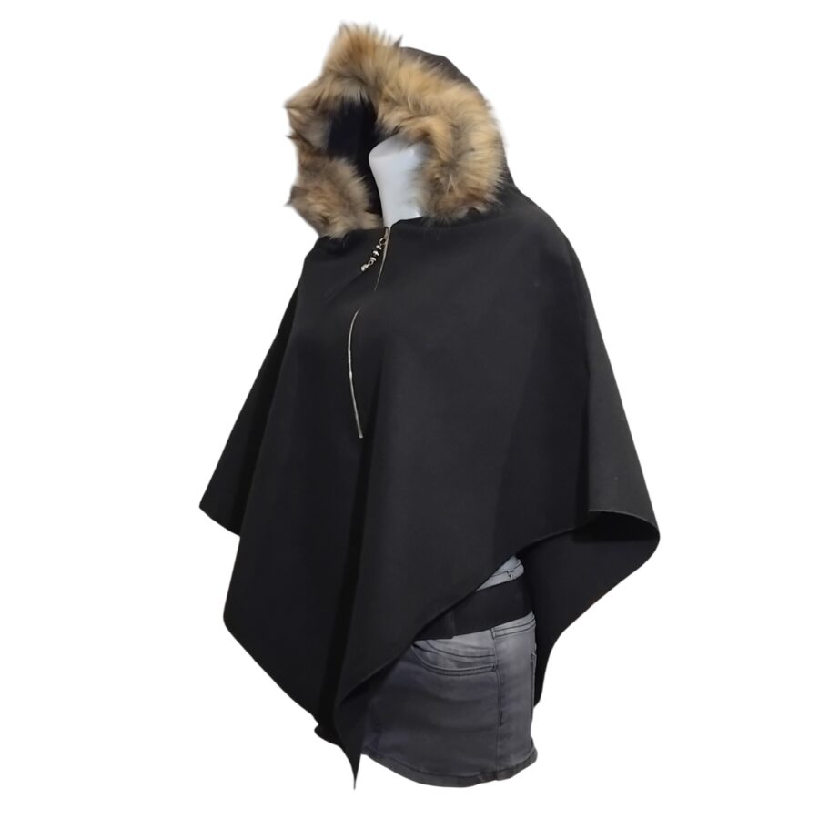 Poncho pour femme, capuche en fourrure, ample, noir