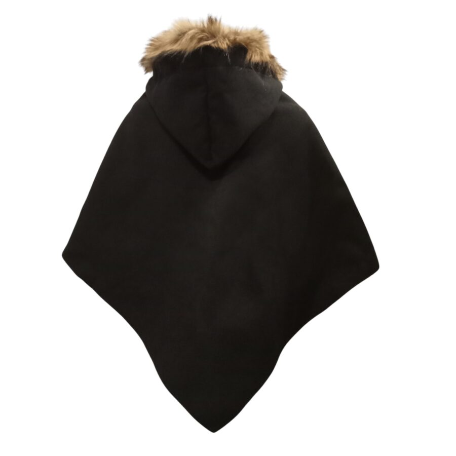Poncho pour femme, capuche en fourrure, ample, noir