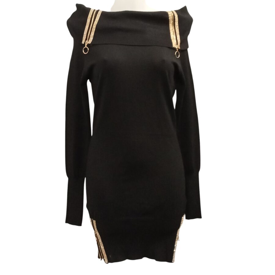 Robe de soirée, robe pull, coupe moulante, col et bas-côté zippés, noir
