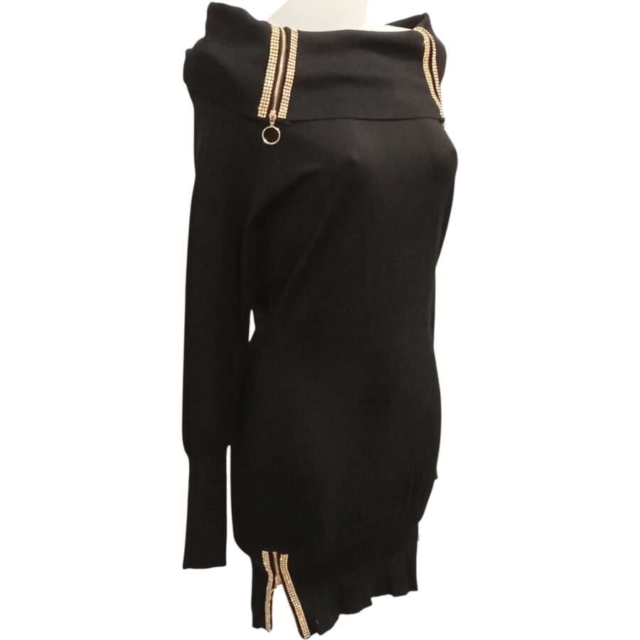Robe de soirée, robe pull, coupe moulante, col et bas-côté zippés, noir