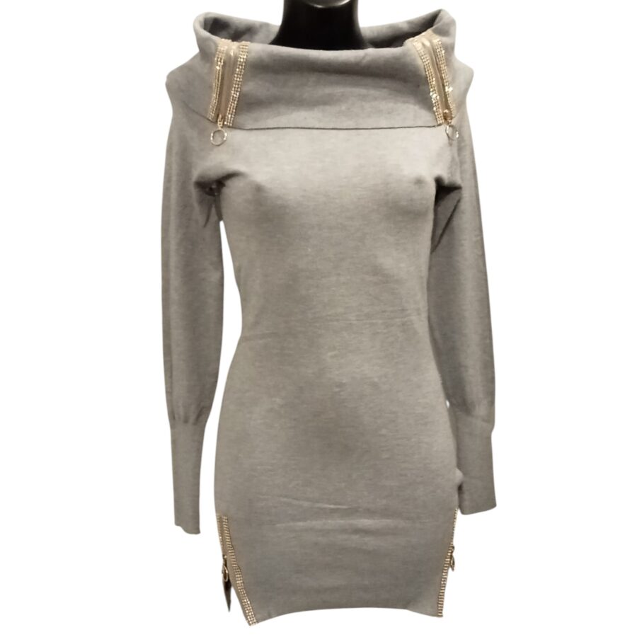 Robe de soirée, robe pull, coupe moulante, col et bas-côté zippés, gris