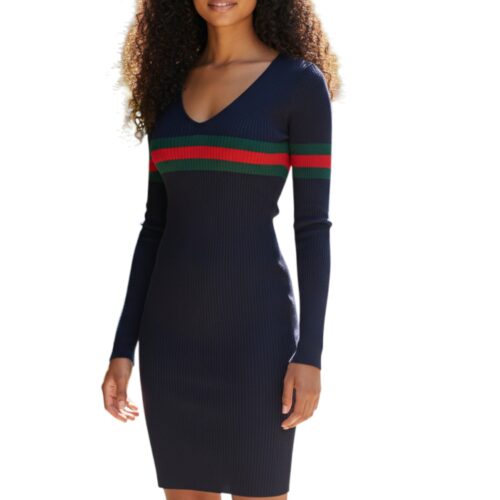 Robe pull, robe d'hiver, mi-longue et moulante, bleu