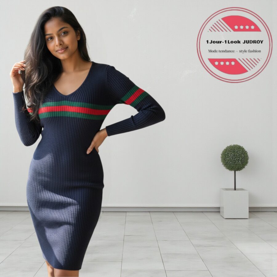 Robe pull, robe d'hiver, mi-longue et moulante, bleu