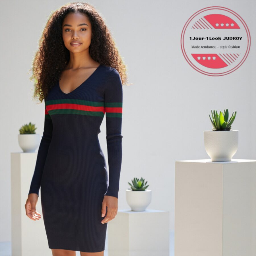 Robe pull, robe d'hiver, mi-longue et moulante, bleu